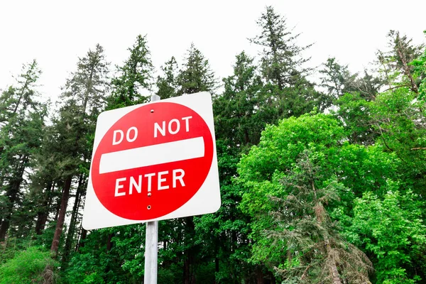 在茂密的绿林中 不得进入道路标志 符号站作为人类在自然空间中的影响的斯塔克提醒 象征着限制 — 图库照片