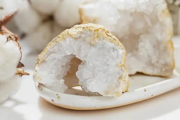 stock image Cracked Pure Quartz Crystals Geode on the Table