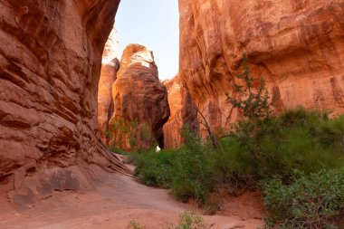 İki büyük kaya, Utah, Moab yakınlarındaki Arches Ulusal Parkı 'ndaki Alevli Kazan' da bir delik açmak için karşı karşıya..