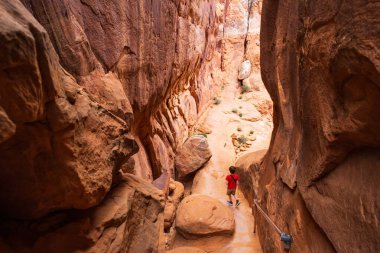 Genç bir yürüyüşçü çocuk ateşli fırın patikasında bir kayaya tırmanıyor, Arches Ulusal Parkı, Utah, bu ikonik Amerikan manzarasının maceraperest ruhunu ve çarpıcı kızıl kaya oluşumlarını sergiliyor..