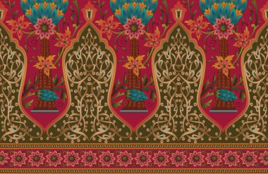 it's a unique digital Traditional Geometric Ethnic border, floral leaves baroque pattern and Mughal art elements, Abstract texture motif, and vintage Ornament artwork combination for textile printing.