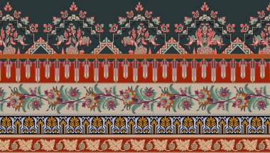 it's a unique digital Traditional Geometric Ethnic border, floral leaves baroque pattern and Mughal art elements, Abstract texture motif, and vintage Ornament artwork combination for textile printing.