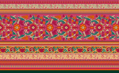 it's a unique digital Traditional Geometric Ethnic border, floral leaves baroque pattern and Mughal art elements, Abstract texture motif, and vintage Ornament artwork combination for textile printing.