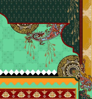 it's a unique digital Traditional Geometric Ethnic border, floral leaves baroque pattern and Mughal art elements, Abstract texture motif, and vintage Ornament artwork combination for textile printing.