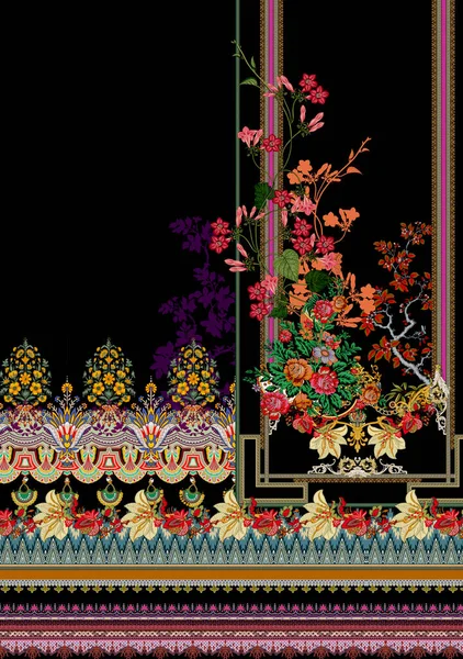 Unique Digital Traditional Geometric Ethnic Border Floral Leaves Baroque Pattern — Stok fotoğraf