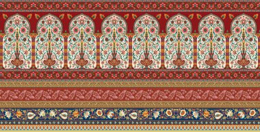 it's a unique digital Traditional Geometric Ethnic border, floral leaves baroque pattern and Mughal art elements, Abstract texture motif, and vintage Ornament artwork combination for textile printing.