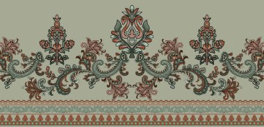 it's a unique digital Traditional Geometric Ethnic border, floral leaves baroque pattern and Mughal art elements, Abstract texture motif, and vintage Ornament artwork combination for textile printing.