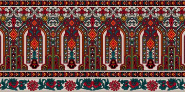 it's a unique digital Traditional Geometric Ethnic border, floral leaves baroque pattern and Mughal art elements, Abstract texture motif, and vintage Ornament artwork combination for textile printing.