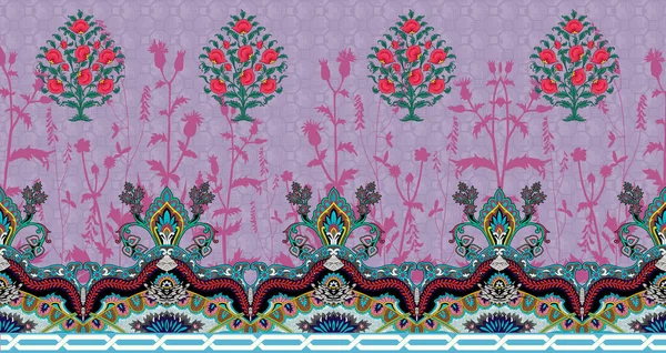 it's a unique digital Traditional Geometric Ethnic border, floral leaves baroque pattern and Mughal art elements, Abstract texture motif, and vintage Ornament artwork combination for textile printing.