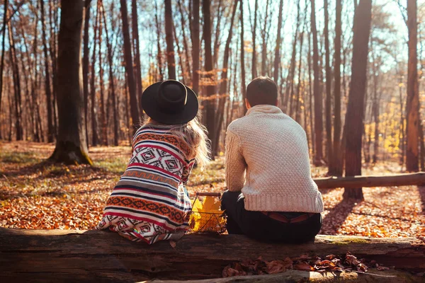 秋の森の中でリラックスしたカップルのバックビュー 男と女の木の幹を散歩した後の秋の風景を楽しんで座っている 若者は眺めを賞賛する — ストック写真