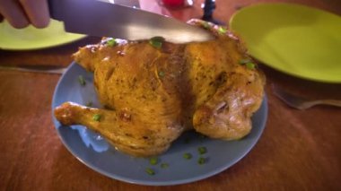 Şükran Günü yemeği. Kızarmış tavuk dilimi yeşil soğanla süslenmiş, hindi masada servis ediliyor. Taze et. Kapat.