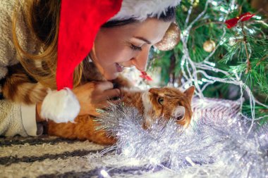 Kediyle Noel kutlaması. Noel Baba 'nın şapkasıyla evdeki Noel ağacında evcil hayvan oynayan bir kadın. İpek ve ışıklarla kaplı bir hayvan.