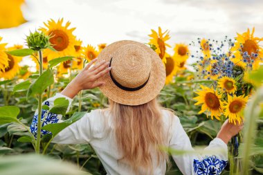 Young stylish woman walking in blooming sunflower field at sunset picking flowers. Ethnic clothing in female fashion. Girl wearing dress with blue embroidery and straw hat