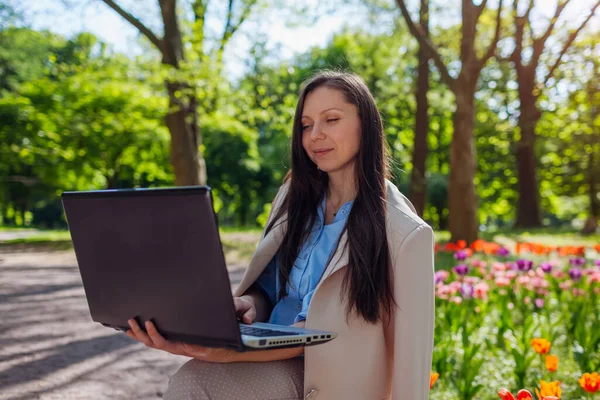 Outdoor Portrait Young Businesswoman Working Spring Park Laptop Female Landscape — Stock Photo, Image