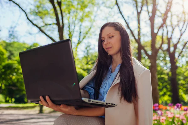 Outdoor Portrait Young Business Woman Working Spring Park Laptop Female — Stock Photo, Image