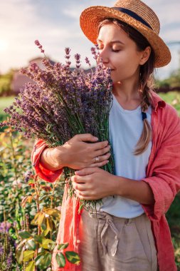 Lavanta hasadı. Çiftçi elinde kesilmiş ottan bir deste tutuyor. Gül bahçesinde mor çiçek buketi kokan bir kadın. Ekolojik çiftlik