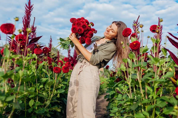 일몰에 농장에 다밀리아의 꽃다발을 정원사의 초상화 여자가 로열티 프리 스톡 사진