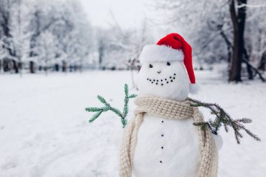 Mutlu kardan adam, Noel Baba şapkası takmış, elinde köknar dalları olan karlı kış parkında yapılmış. Noel eğlence aktiviteleri