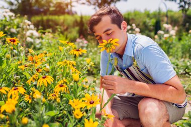 Yaz bahçesinde Rudbeckia çiçeği toplayan genç bir adamın portresi. Bahçıvan sarı çiçeklerin kokusunu kokluyor. Yaşam biçimi
