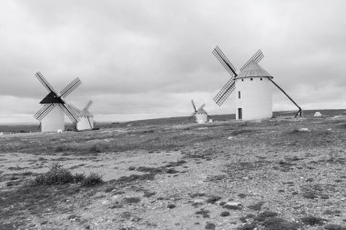 Kırsal alanda, bulutlu gökyüzünün altında bir grup beyaz rüzgar değirmeni, siyah beyaz fotoğraf