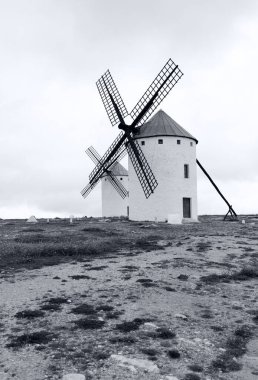 Beyaz rüzgar değirmenleri kırsal alanda bulutlu gökyüzünün altında, siyah ve beyaz fotoğraf
