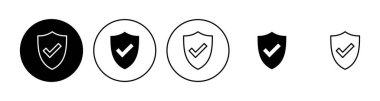 Kalkan kontrol işareti simgesi ayarlandı. Koruma onayı işareti. Güvenli simge vektörü