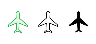 Uçak simgesi ayarlandı. Uçak ikonu vektörü. Uçuş taşıma sembolü. Seyahat illüstrasyonu. Tatil sembolü