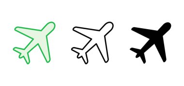 Uçak simgesi ayarlandı. Uçak ikonu vektörü. Uçuş taşıma sembolü. Seyahat illüstrasyonu. Tatil sembolü