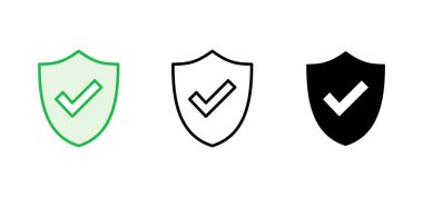 Kalkan kontrol işareti simgesi ayarlandı. Koruma onayı işareti. Güvenli simge vektörü