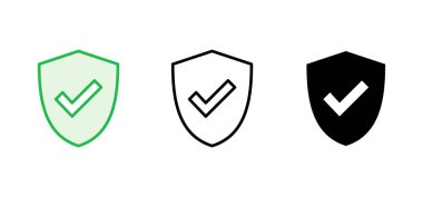 Kalkan kontrol işareti simgesi ayarlandı. Koruma onayı işareti. Güvenli simge vektörü