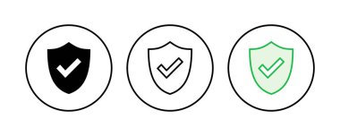 Kalkan kontrol işareti simgesi ayarlandı. Koruma onayı işareti. Güvenli simge vektörü