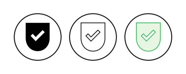 Kalkan kontrol işareti simgesi ayarlandı. Koruma onayı işareti. Güvenli simge vektörü