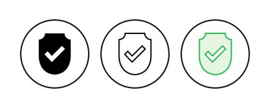 Kalkan kontrol işareti simgesi ayarlandı. Koruma onayı işareti. Güvenli simge vektörü