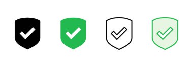 Kalkan kontrol işareti simgesi ayarlandı. Koruma onayı işareti. Güvenli simge vektörü