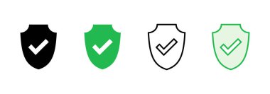 Kalkan kontrol işareti simgesi ayarlandı. Koruma onayı işareti. Güvenli simge vektörü