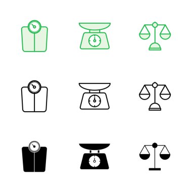 Ölçek simgesi seti. Ağırlık ölçeği simgesi. Kanun ölçekli ikon. Adalet