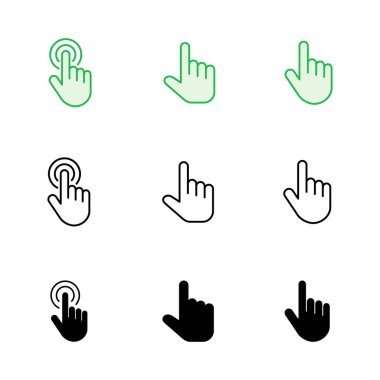 El imleç simgesi seti. Simge vektörüne tıklayın. El şıklaması. işaretleyici