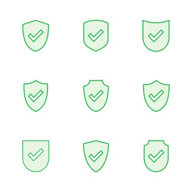 Kalkan kontrol işareti simgesi ayarlandı. Koruma onayı işareti. Güvenli simge vektörü