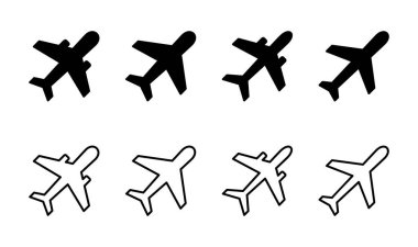 Uçak simgesi ayarlandı. Uçak ikonu vektörü. Uçuş taşıma sembolü. Seyahat illüstrasyonu. Tatil sembolü