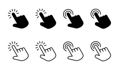 El imleç simgesi seti. Simge vektörüne tıklayın. El şıklaması. işaretleyici