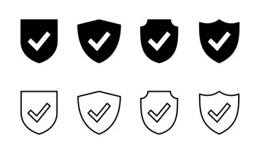 Kalkan kontrol işareti simgesi ayarlandı. Koruma onayı işareti. Güvenli simge vektörü