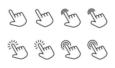 El imleç simgesi seti. Simge vektörüne tıklayın. El şıklaması. işaretleyici