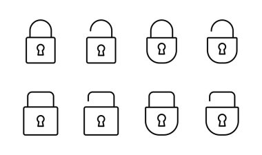 Kilit simgesi ayarlandı. Asma kilit ikon vektörü. Şifreleme simgesi. Güvenlik sembolü