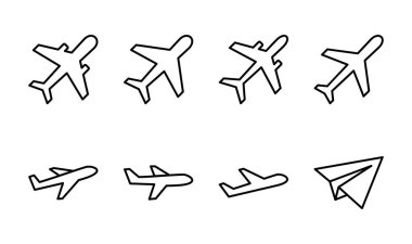 Uçak simgesi ayarlandı. Uçak ikonu vektörü. Uçuş taşıma sembolü. Seyahat illüstrasyonu. Tatil sembolü