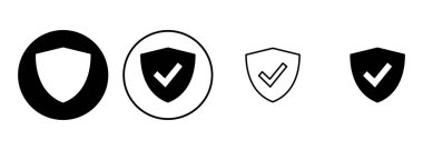 Kalkan kontrol işareti simgesi ayarlandı. Koruma onayı işareti. Güvenli simge vektörü