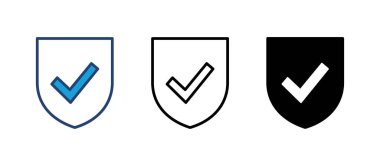 Kalkan kontrol simgesi vektörü. Koruma onayı işareti. Güvenli simge vektörü