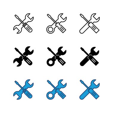 Onarım araçları simgesi ayarlandı. araç simgesi vektörü. Simge vektörü ayarlanıyor. İngiliz anahtarı ve tornavida. destek, Servis