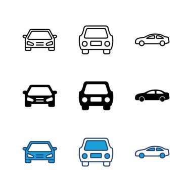 Araba ikonu ayarlandı. Araba vektör simgesi. küçük sedan