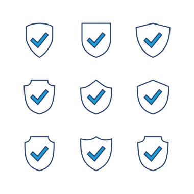 Kalkan kontrol işareti simgesi ayarlandı. Koruma onayı işareti. Güvenli simge vektörü