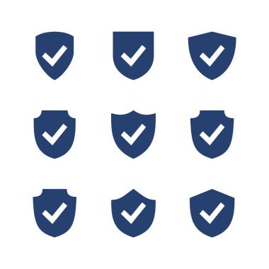 Kalkan kontrol işareti simgesi ayarlandı. Koruma onayı işareti. Güvenli simge vektörü